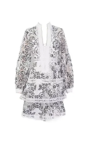 BLACK LACE RUFFLE FLORAL PRINT MINI DRESS Gloria Lanvin