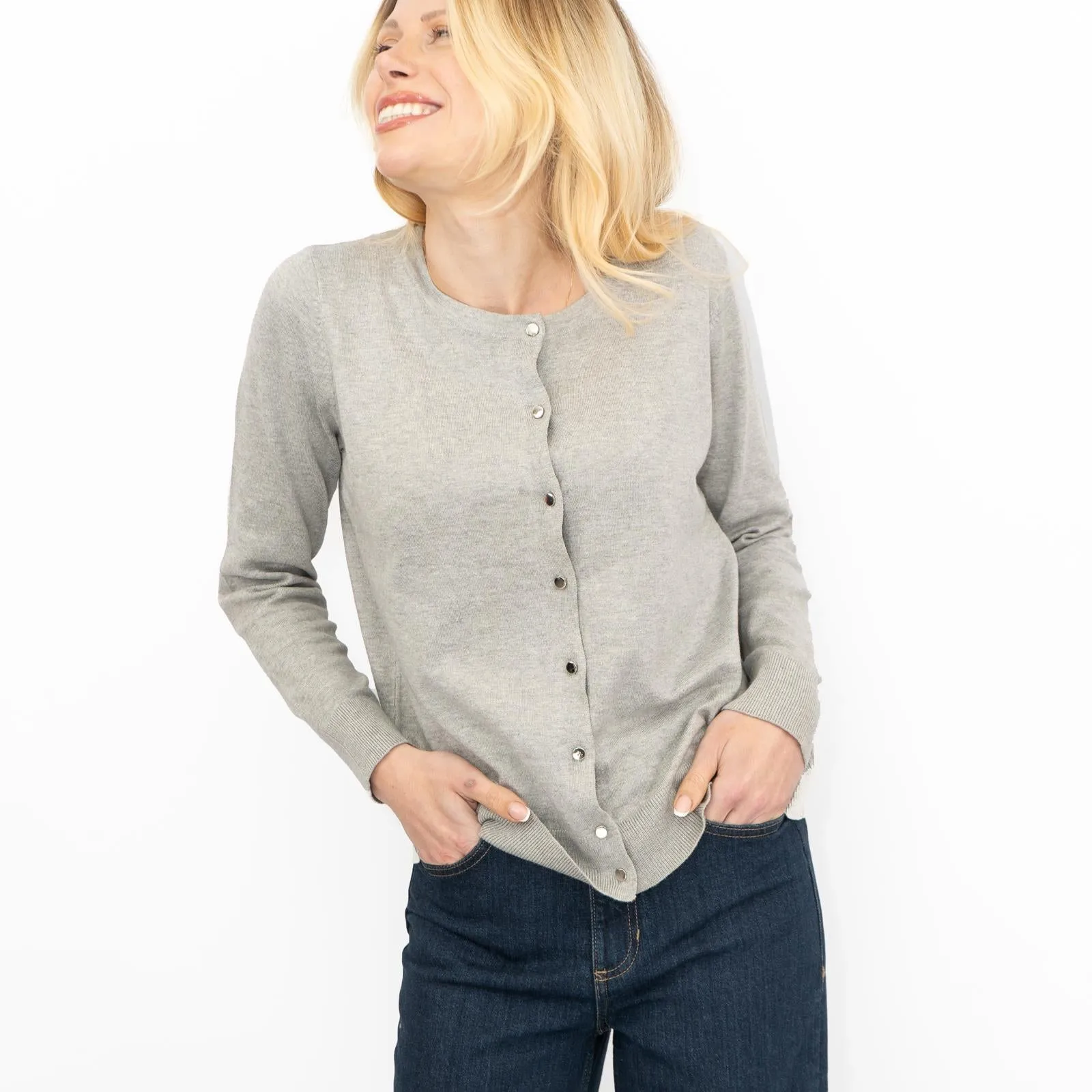 Dorothy Perkins Womens Cardigan Crew Neck Button Up Grey
