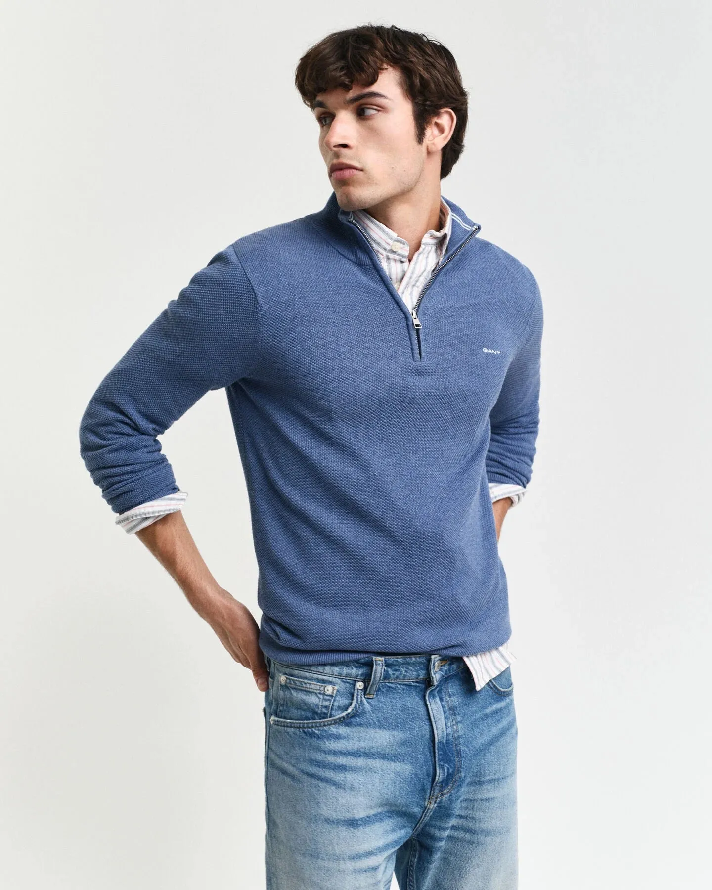 Gant Mens Cotton pique Half zip - Denim blue