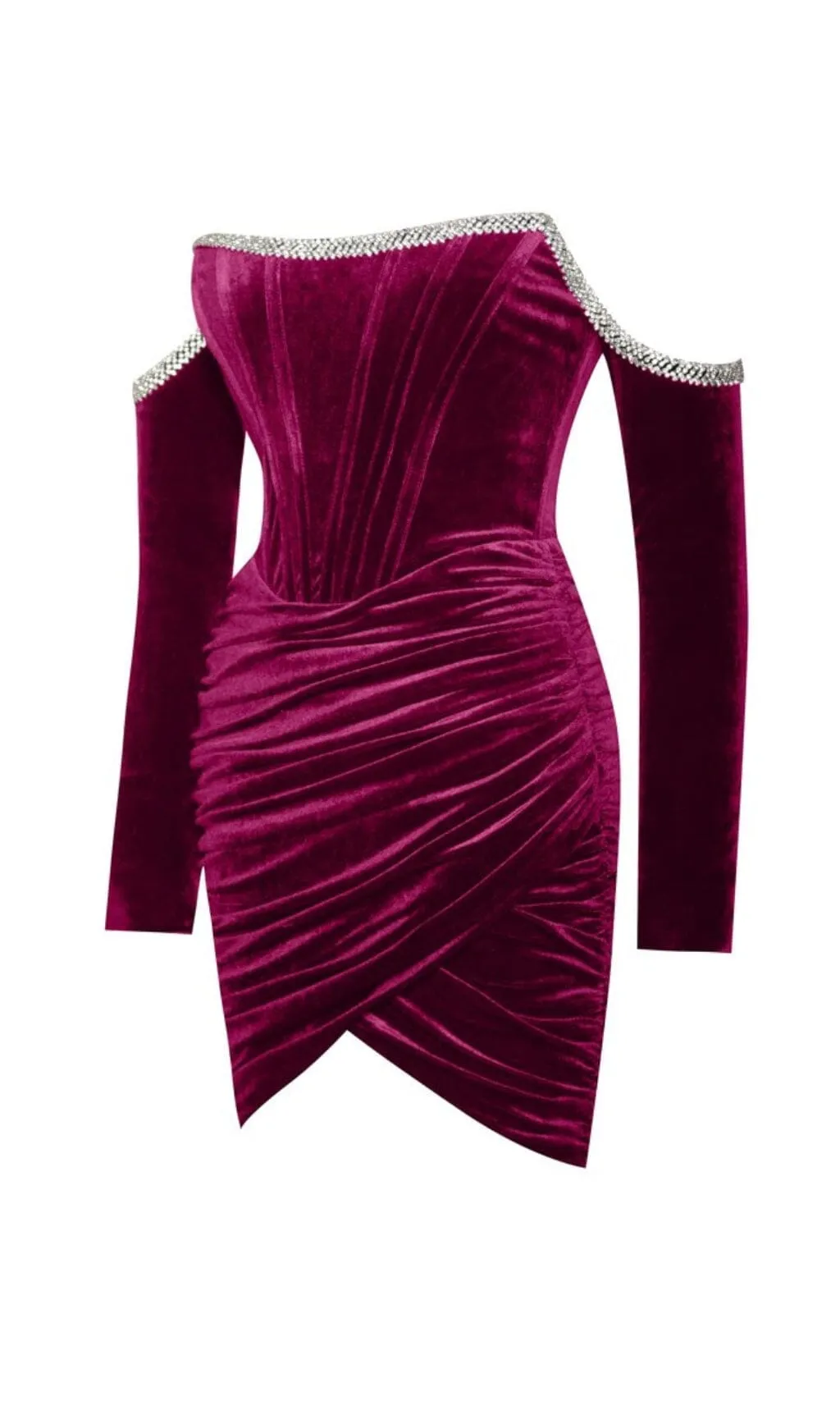 ODETTE BURGUNDY VELVET OFF SHOULDER CORSET DRESS WITH CRYSTAL TRIM Gloria Lanvin