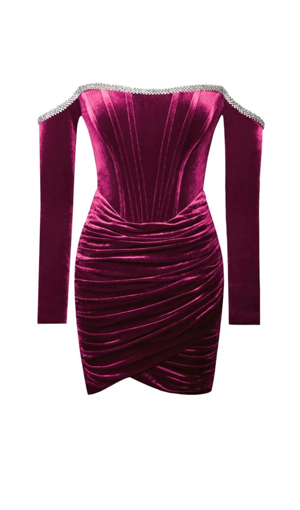 ODETTE BURGUNDY VELVET OFF SHOULDER CORSET DRESS WITH CRYSTAL TRIM Gloria Lanvin