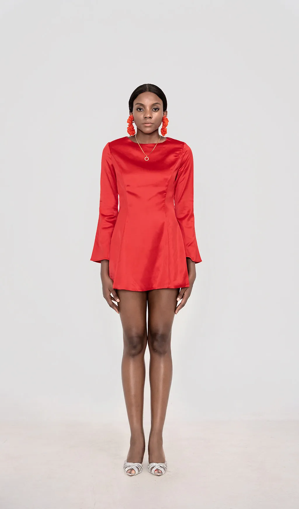 RANDA RED SATIN LONG SLEEVE MINI DRESS Gloria Lanvin