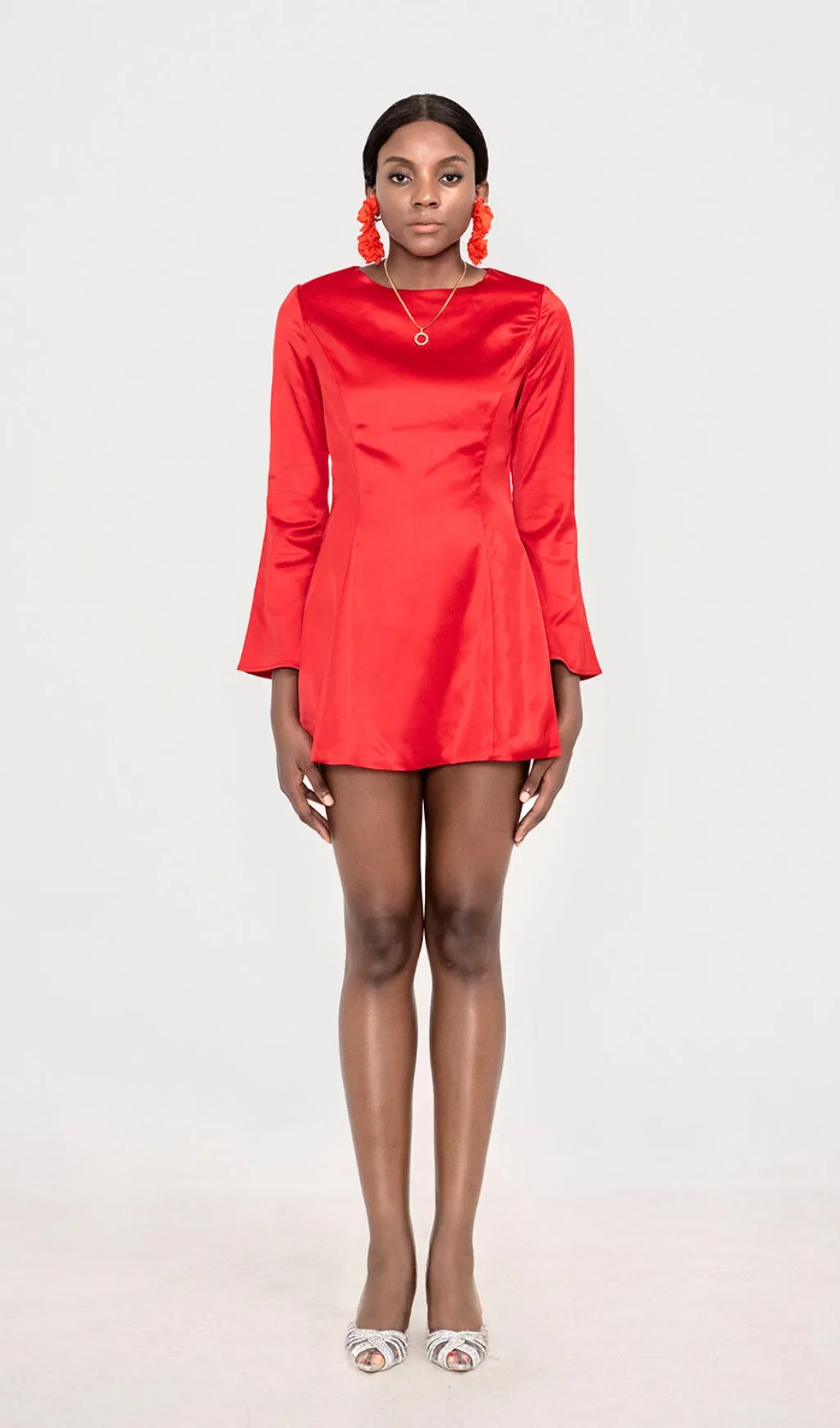 RANDA RED SATIN LONG SLEEVE MINI DRESS Gloria Lanvin