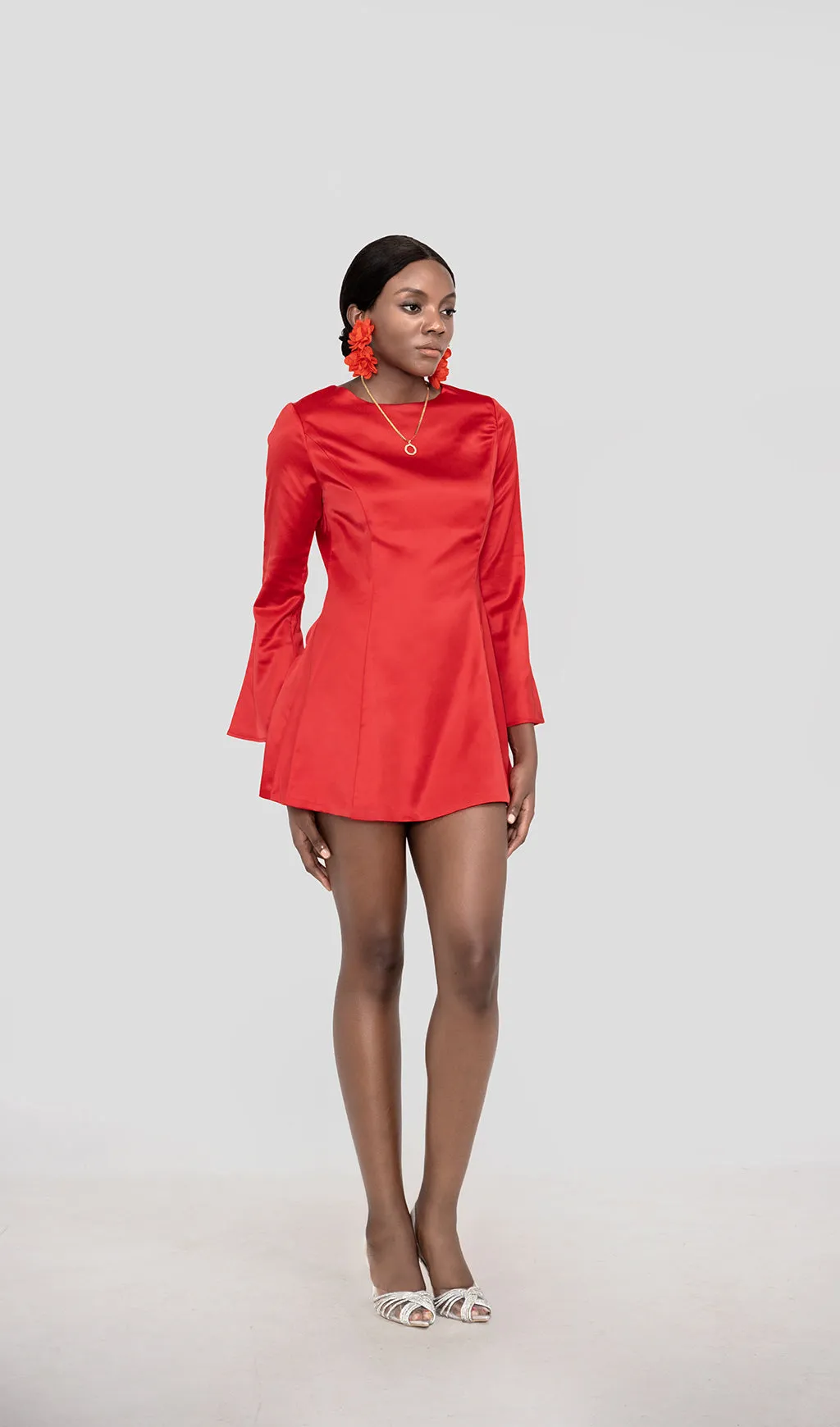 RANDA RED SATIN LONG SLEEVE MINI DRESS Gloria Lanvin