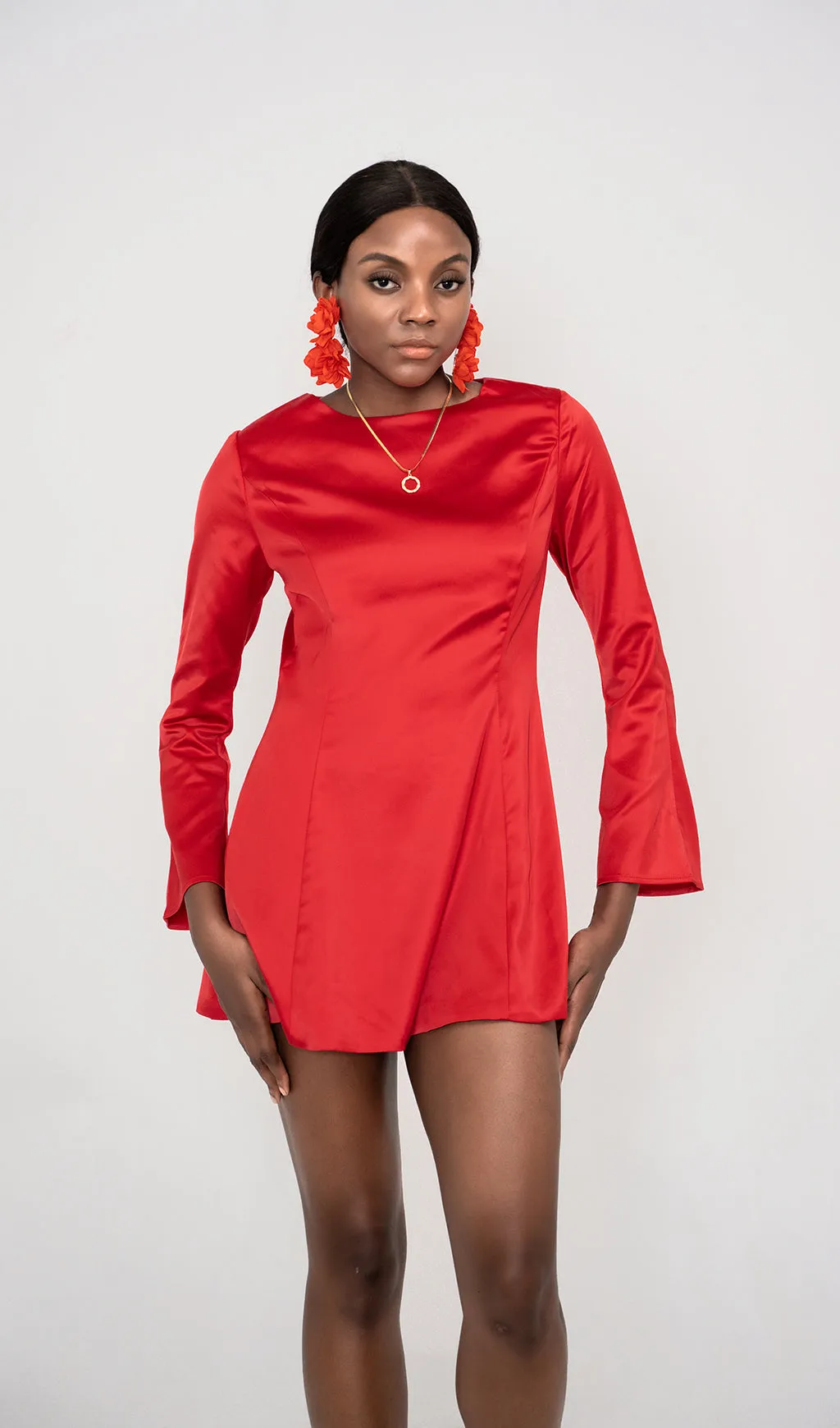RANDA RED SATIN LONG SLEEVE MINI DRESS Gloria Lanvin