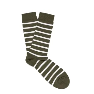 Sunspel Cotton Socks Seaweed / Ecru Breton Stripe