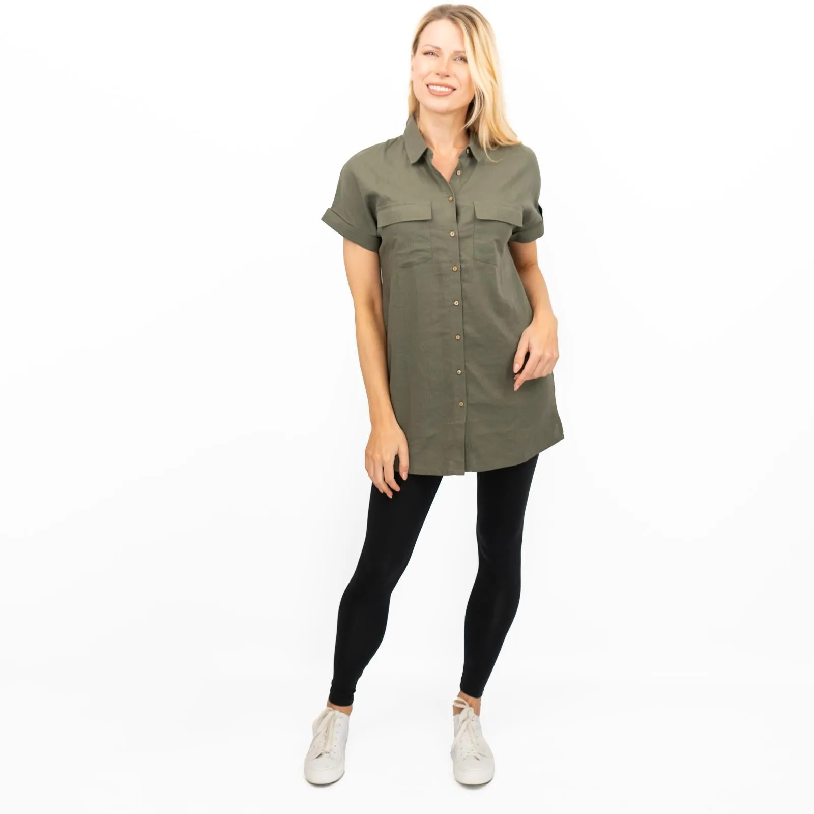 Womens Linen Tunic Khaki Green Short Sleeve Shirts
