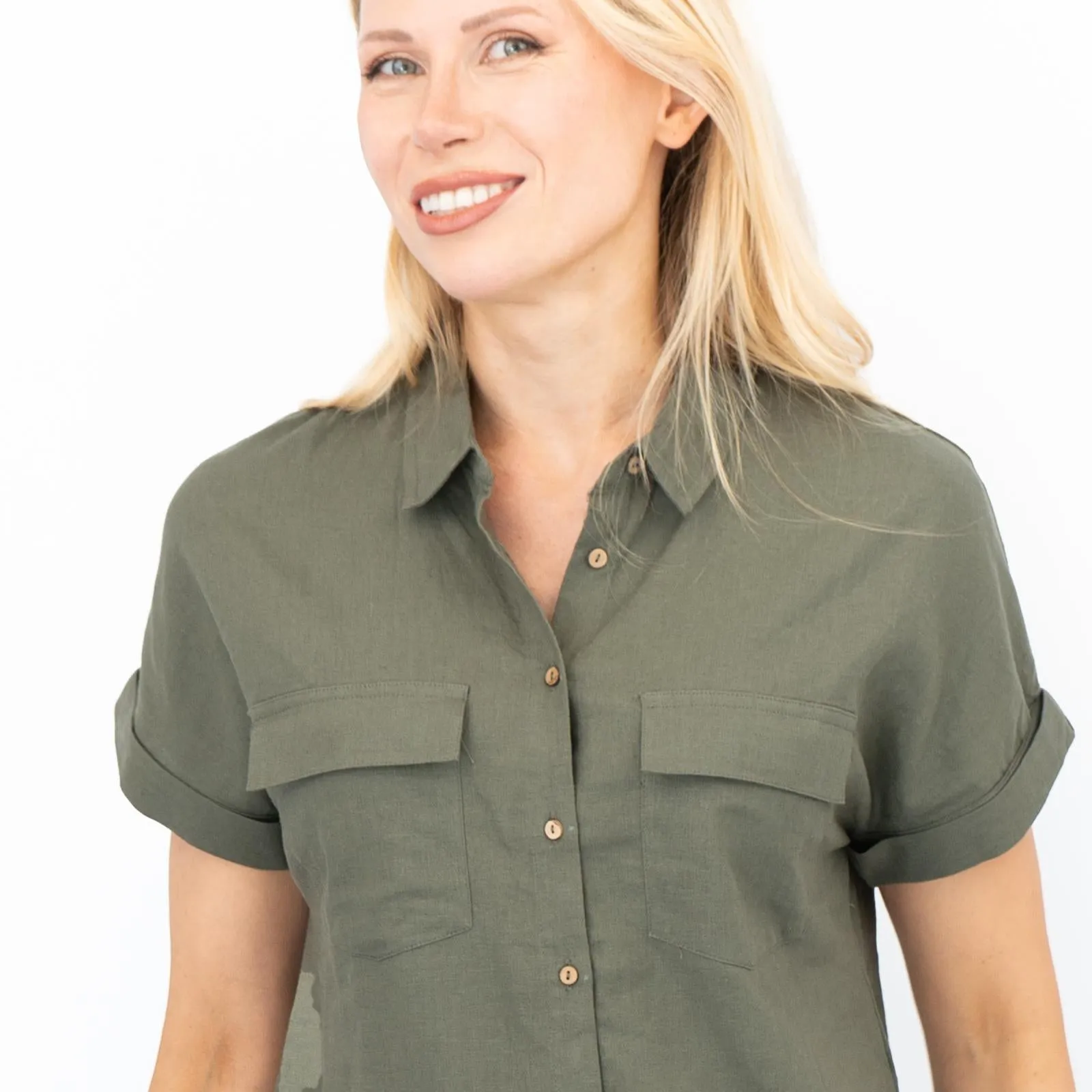 Womens Linen Tunic Khaki Green Short Sleeve Shirts