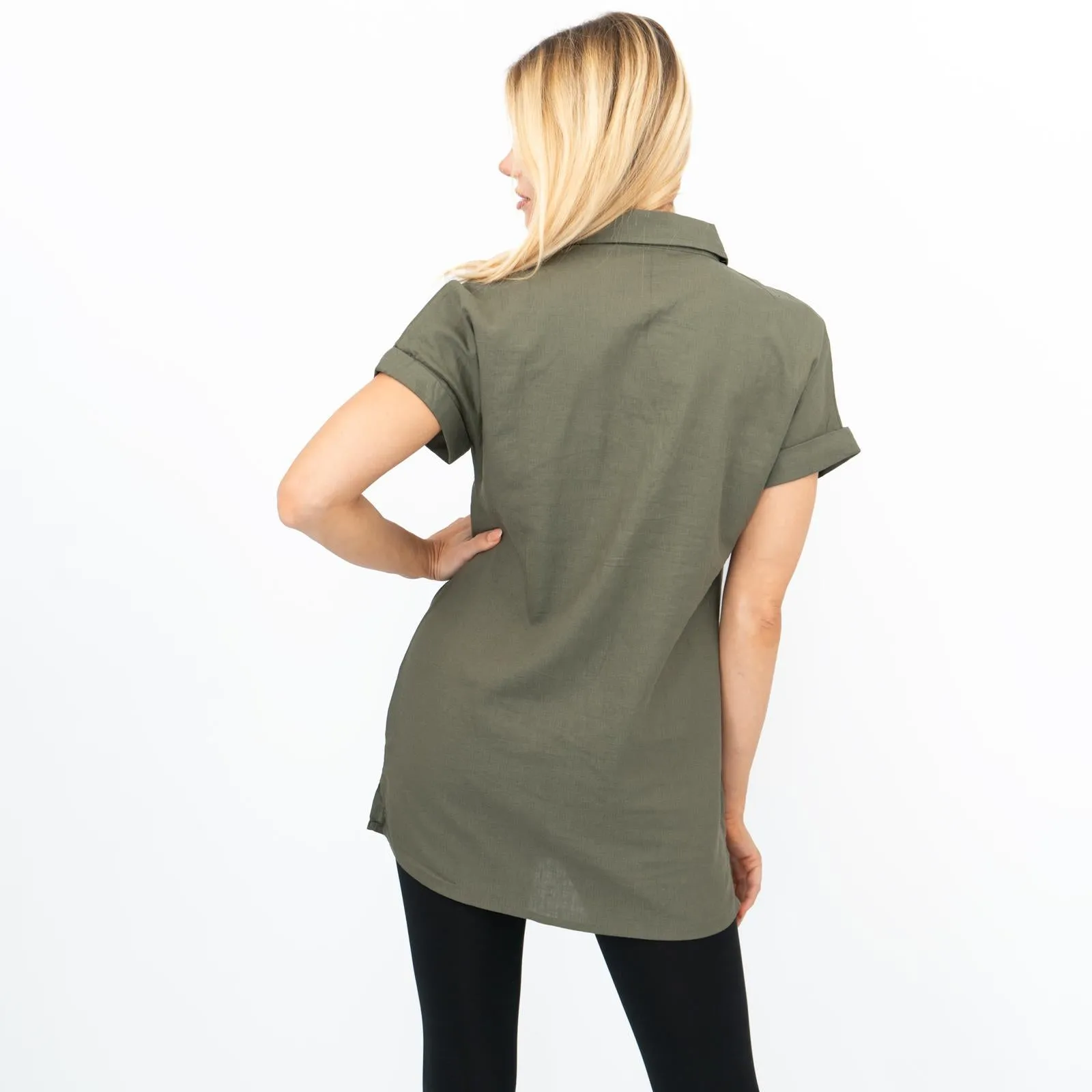 Womens Linen Tunic Khaki Green Short Sleeve Shirts