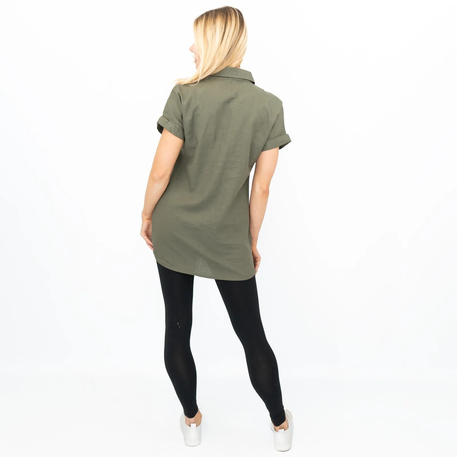 Womens Linen Tunic Khaki Green Short Sleeve Shirts