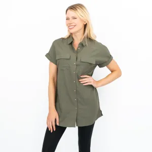 Womens Linen Tunic Khaki Green Short Sleeve Shirts