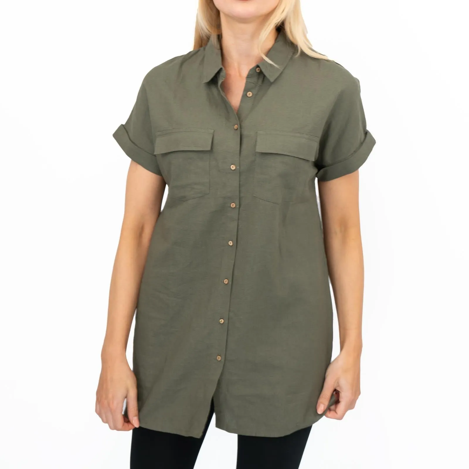 Womens Linen Tunic Khaki Green Short Sleeve Shirts