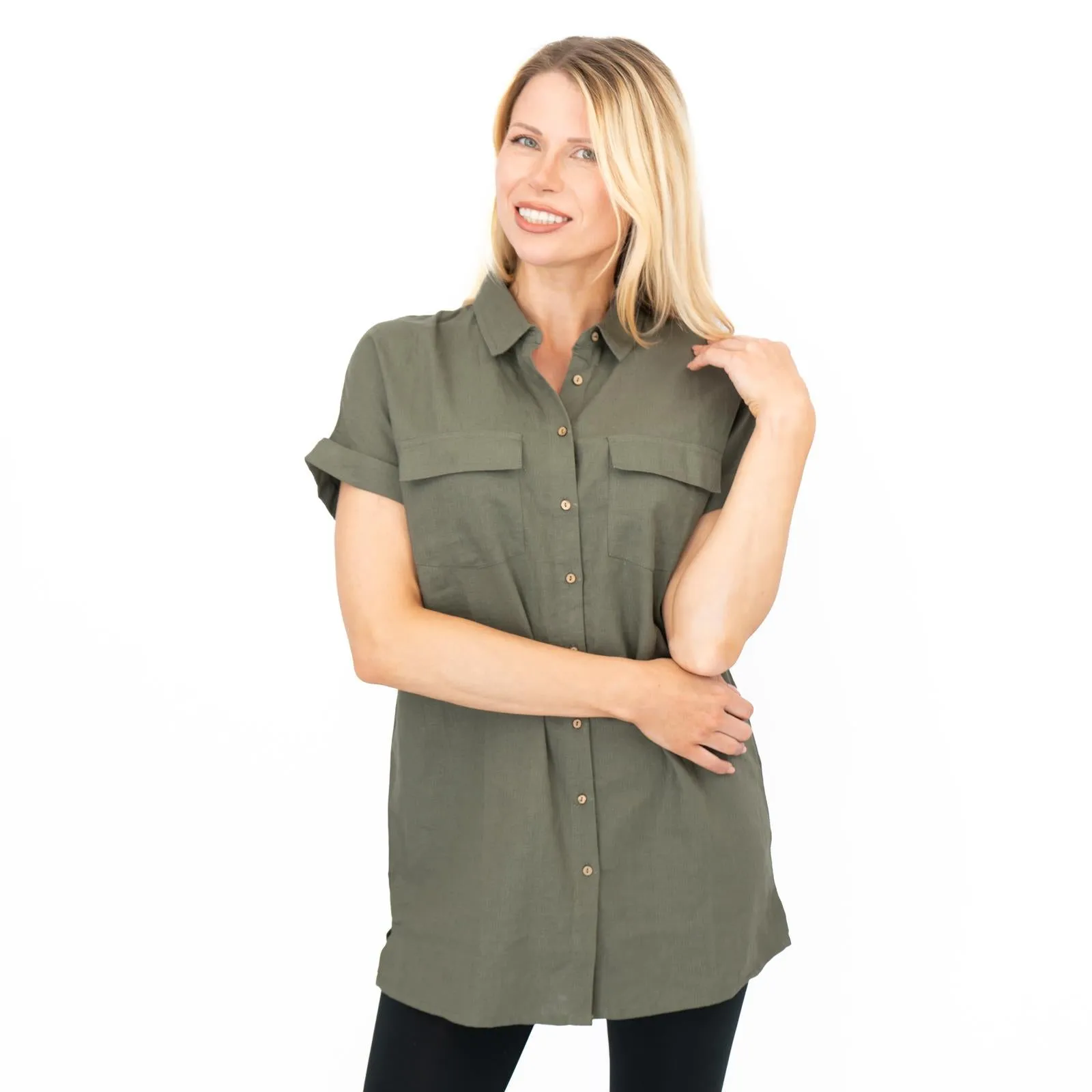Womens Linen Tunic Khaki Green Short Sleeve Shirts