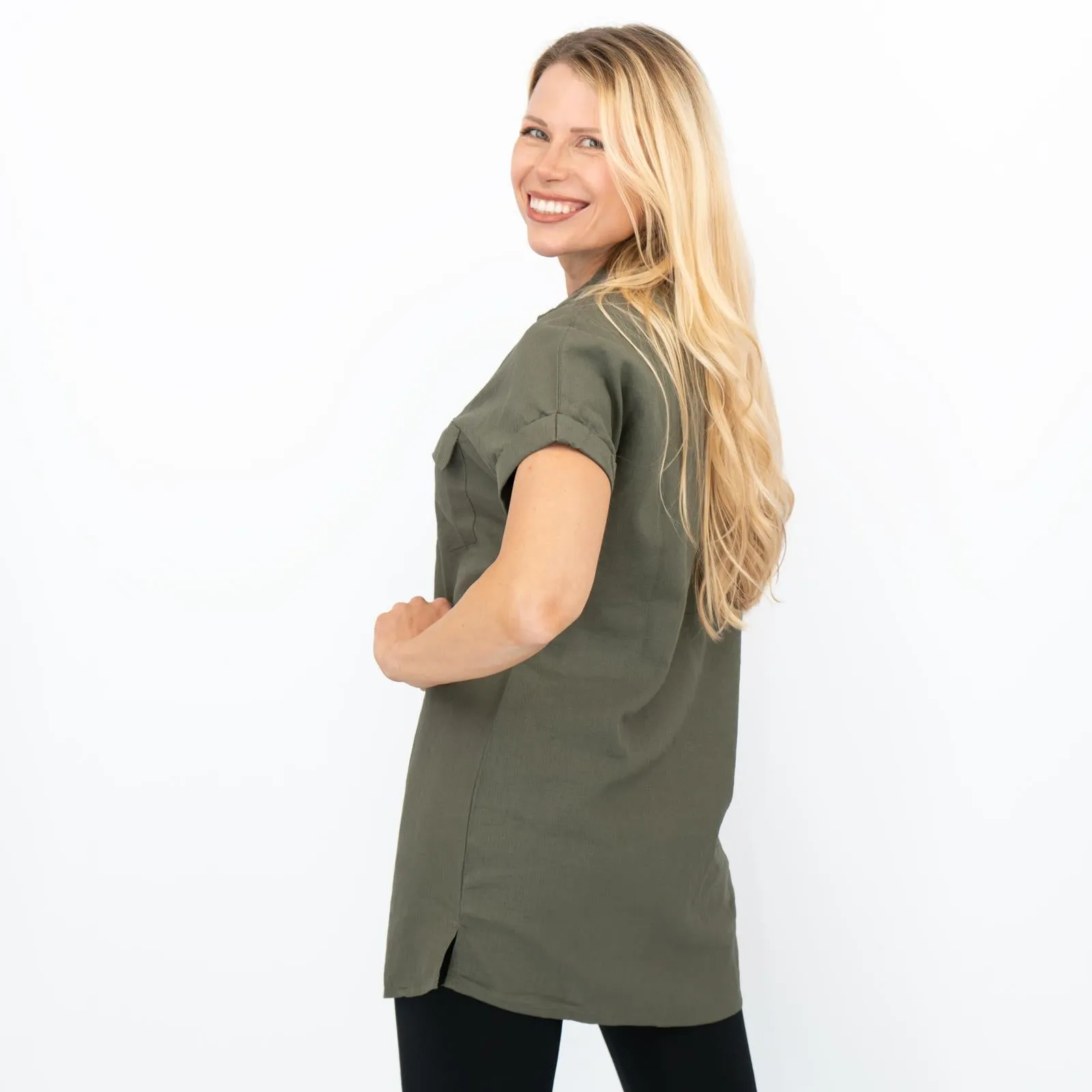 Womens Linen Tunic Khaki Green Short Sleeve Shirts