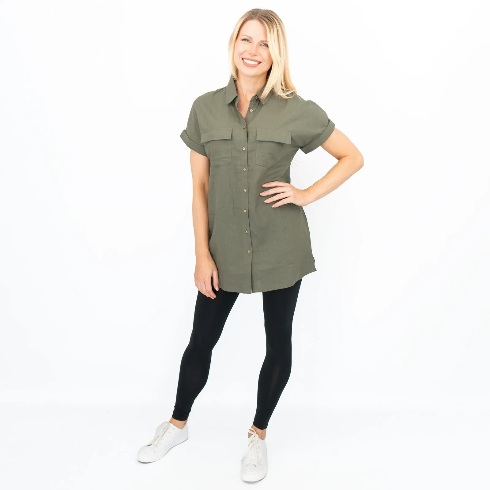 Womens Linen Tunic Khaki Green Short Sleeve Shirts