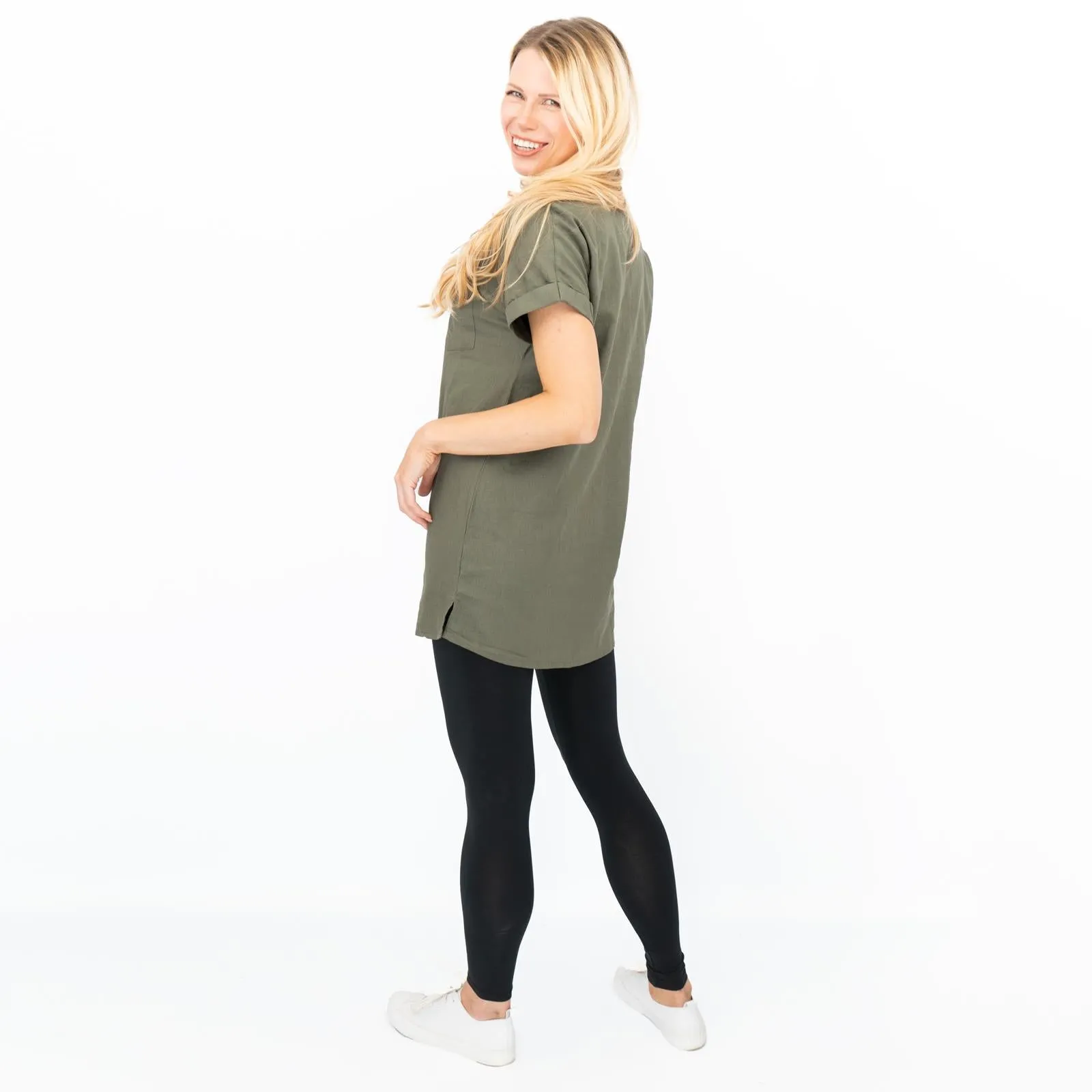 Womens Linen Tunic Khaki Green Short Sleeve Shirts