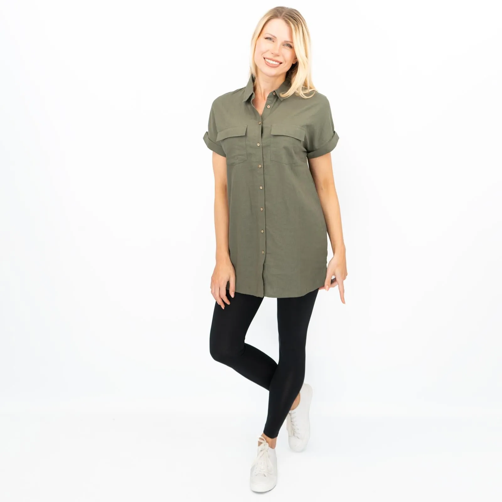 Womens Linen Tunic Khaki Green Short Sleeve Shirts